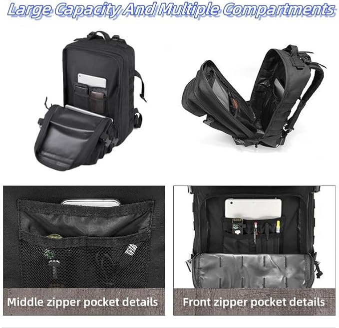 48L 3-day Tactical backpack heavy duty zipperHiking Camping Hunting Climbing backpack Nylon canvas Knapsack Outdoor backpack (Black)