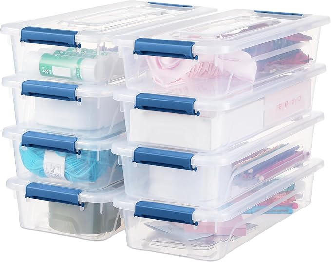 Plastic Storage Bin with Lid Stackable Design Clip Box for Crafts Supplies and Office Items Container (8 Pack 4 Quart Blue)