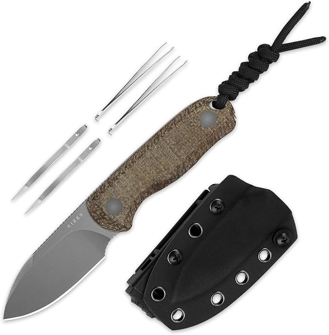 Kizer Drop Bear Fixed Blade Knife 2.57 Gray Stonewash 14C28N Blade EDC Camping Knife with Brown Burlap Micarta Handle &amp Hidden Tools Full Tang Hunting Knives with Adjustable Kydex Sheath 1094A