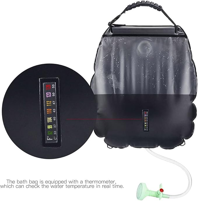 Portable Solar Heated Shower Bag for Camping and Hiking PVC Material 20L Capacity with Thermometer and Shower Nozzle Foldable and Easy to Carry
