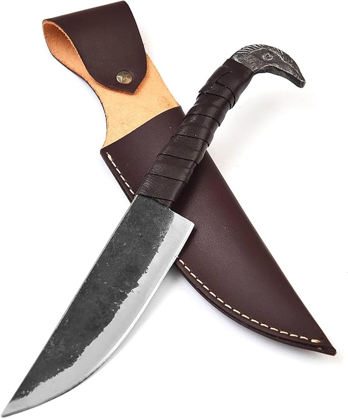 QEPAA CRAFTS® Odin's Raven Norse Viking-styled Knife 10.3 - Hand Forged 6.5 Carbon Steel Blade Raven's Head Hilt and Leather Sheath - Unique Medieval Seax Style - Norse Knife for Hunting &amp Camp