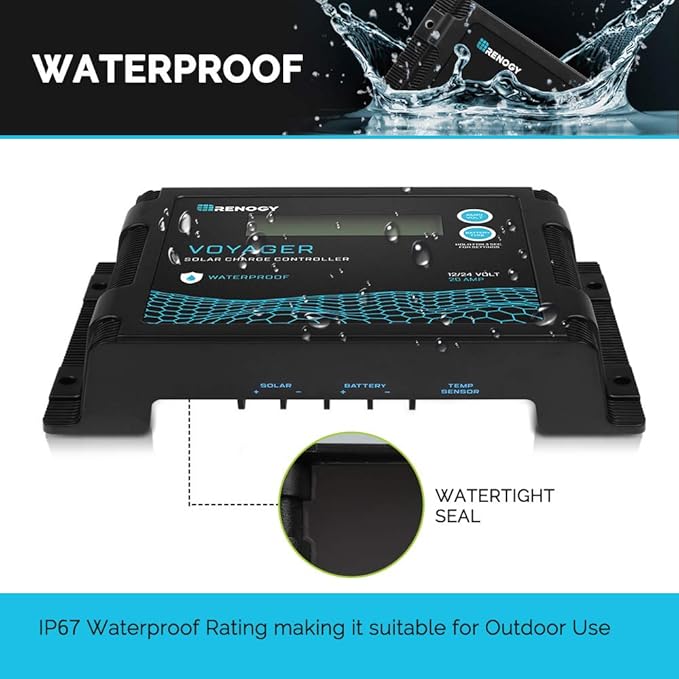 Renogy Voyager 20A 12V/24V PWM Waterproof Solar Charge Controller w/ LCD Display for AGM Gel Flooded and Lithium Battery Used in RVs Trailers Boats Yachts Voyager 20A