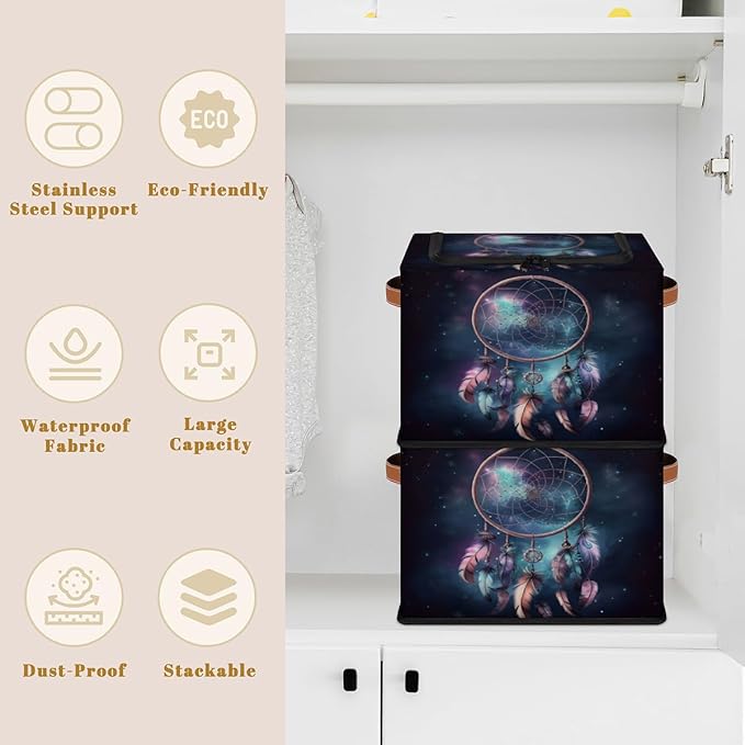 Dream Catcher Storage Box with Lid Feathers Collapsible Storage Bins Baskets Cubes Closet Shelf Clothes Organizer Containers with PU Leather Handles