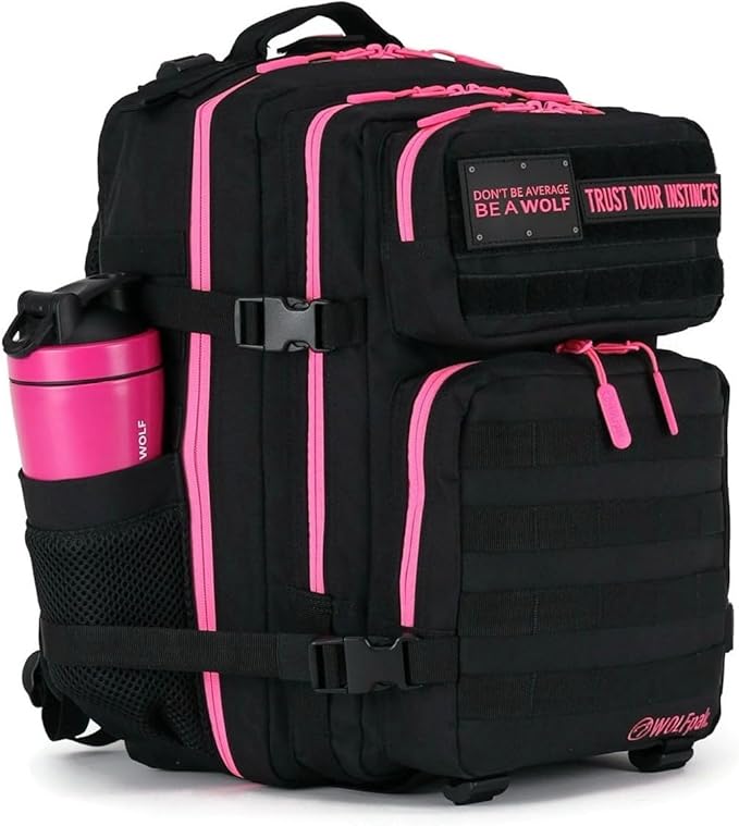 WOLFpak 35L Tactical Gym Backpack (Black Neon Pink) Durable 1000D Waterproof Oxford Material with MOLLE Webbing Laptop Pocket &amp Dual Cup Holders Durable Fitness/Travel/Military Daypack