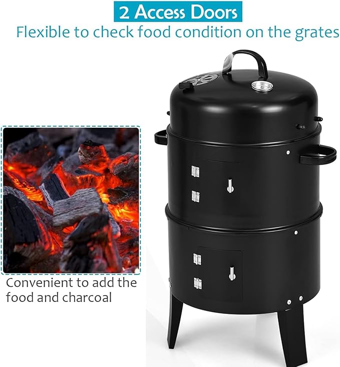 Giantex 3-in-1 Charcoal BBQ Smoker Outdoor Grill Cooker with Built-in Thermometer and 6 Hooks for Outdoor Backyard Cooking Grilling Camping