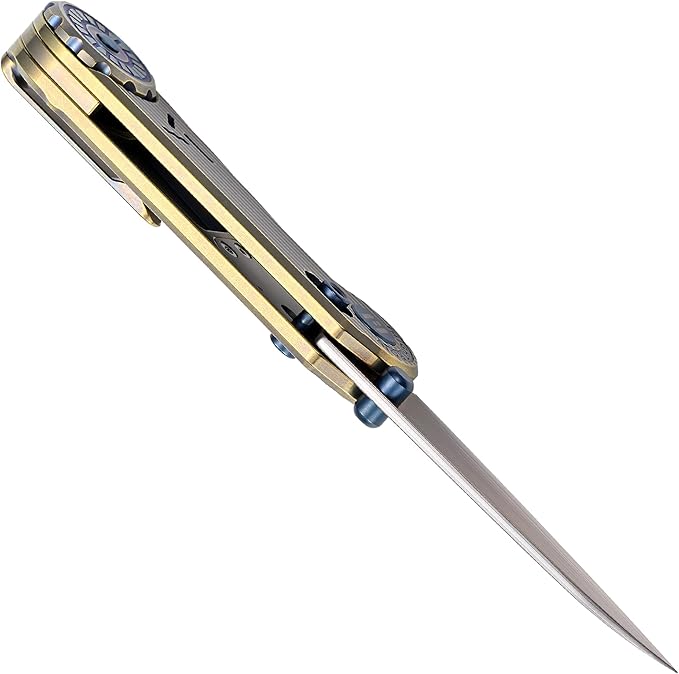 Hightron EdgePlay Premium Fidget Knife 2.64 Copper Damascus Blade and Titanium Handle Thumb Stud Opener and Axle Lock Pocket Knife with Pocket Clip For Men Women Camping Hiking Gold