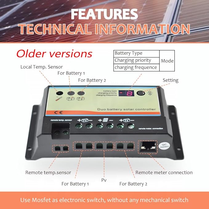 EVPEVER 20A Solar Charge Controller 12V/24V Auto Working Dual Battery Solar Panel Charge Controller PWM 20AMP Intelligent Solar Panel Batteries Regulator for Motorhome Caravan Boat