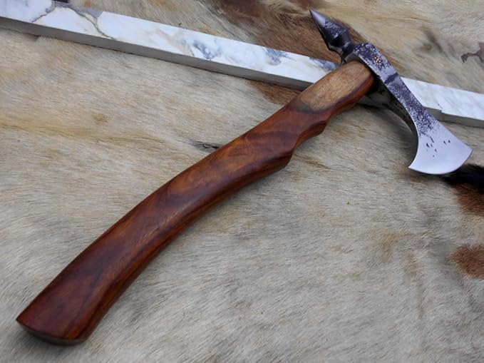 Damascus Depot Voyager Axe 15 Inches Long High Carbon Steel with Axe Head wit Walnut Wood Round Handle Bearded Hiking Battle Axe Thick Cow Hide Leather Sheath