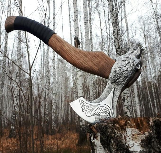 Handmade Viking Axe - Axe Real - Viking Blade of Wolf face Engraved Outdoor Functional Axe - Throwing Axe Hatchet Tomahawk Gift for Him Gift for Men