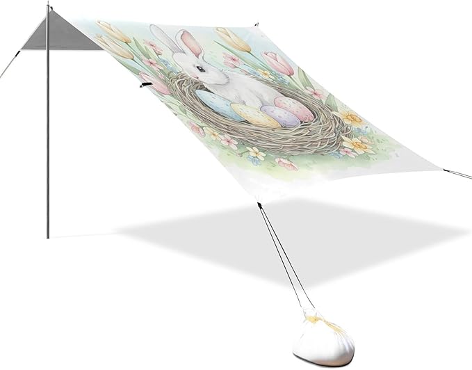 Beach Canopy with Windproof Ropes &amp Sandbags Beach Tent Sun Shade Sun Shelter for Camping Trips Fishing Backyard Fun or Picnics Easter Bunny