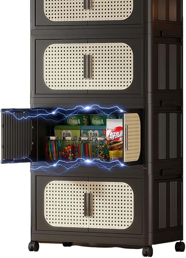 5 Tiers Stackable Storage Bin with Doors and Wheels Collapsible Storage Containers &amp Closet Organizer Bins for Clothes Magnetic Door Heavy Duty Plastic (Black)