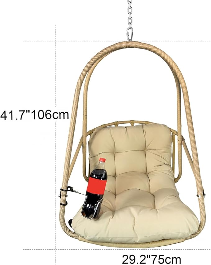 Foldable Rattan Hanging Egg Chair with Guardrail and Cup Holder for Indoor and Outdoor Relaxation in Patio Garden or Living Space - Ergonomic Design with Cushion and Pillow