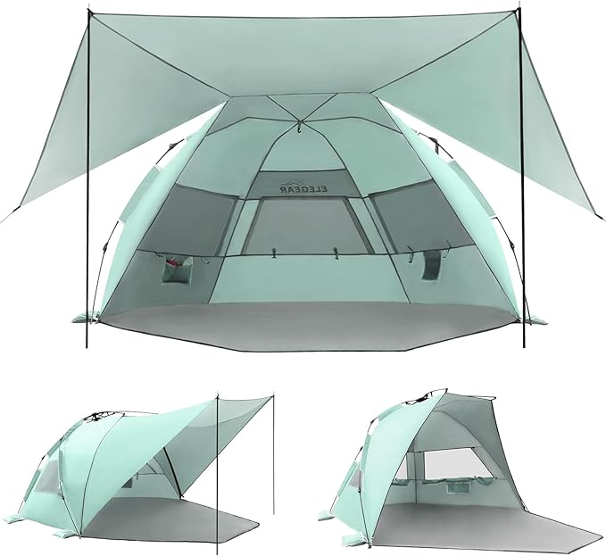 Elegear CumbreX™ Beach Tent with 360° Removable Canopy 4-6 Person Pop Up Sun Shade Shelter UPF 50+ Automated Installation Double Silver Coating Portable Lightweight Beach Cabana for Outdoor - Green