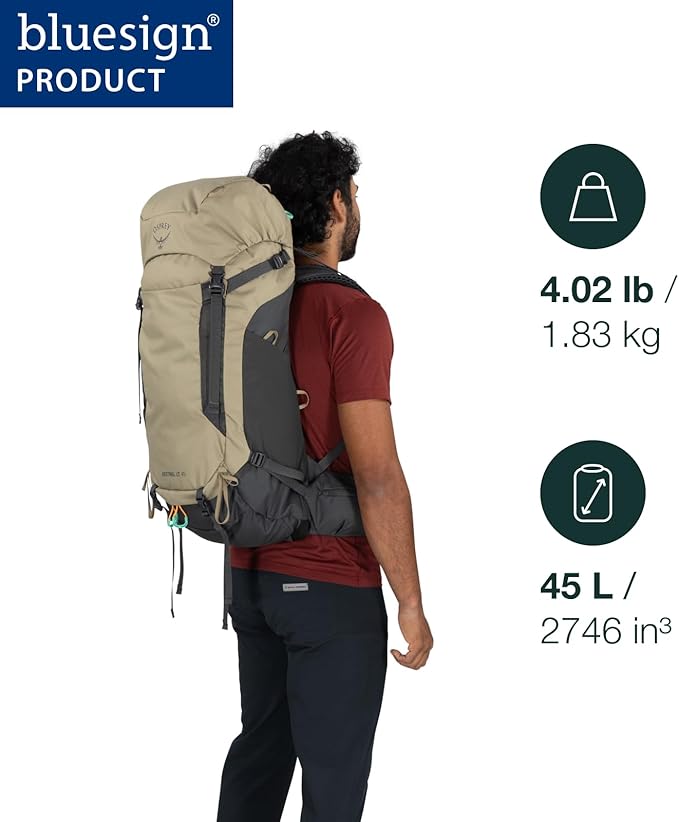Osprey Kestrel LT 45L Men's Backpacking Backpack - Lightweight Hiking &amp Camping Bag with Waterproof Raincover Moss Green