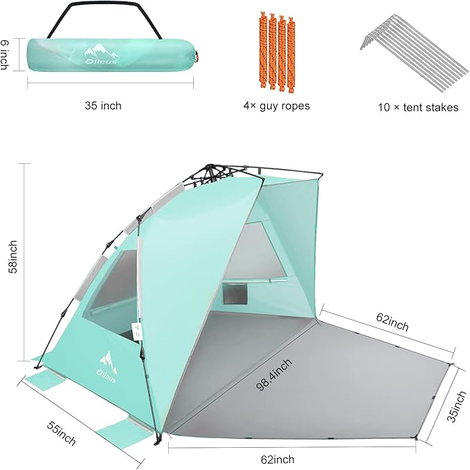 Oileus XX-Large Pop Up Beach Tent Sun Shelter for 5-6 Person Portable Sun Shade Instant Tent for Beach with Carrying Bag Stakes 6 Sand Pockets Anti UV for Fishing Hiking Camping Light Green