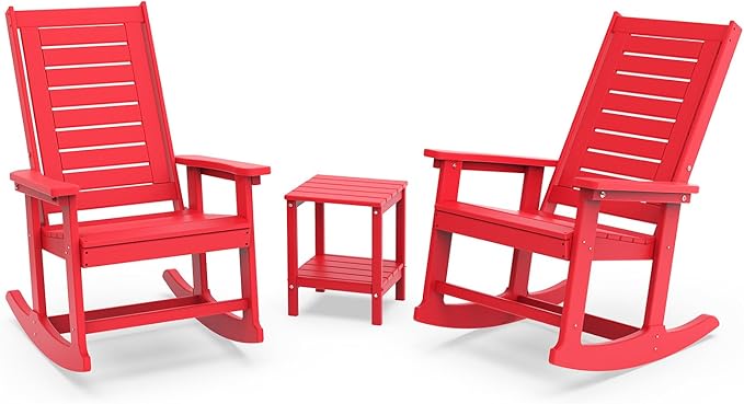 GREENVINES Outdoor Rocking Chair Set | 3-Piece | 2 Rocking Chairs with 1 Side Table | Porch Rocker | HDPE Plastic | Red | Patio Furniture Sets | High Back | Big &amp Tall | Ladder Back
