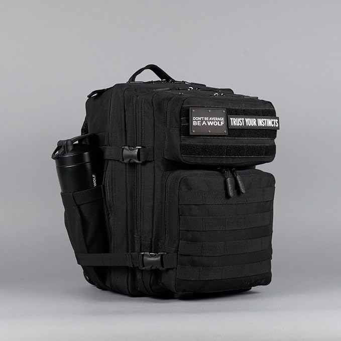 WOLFpak 35L Tactical Gym Backpack (Alpha Black) Durable 1000D Waterproof Oxford Material with MOLLE Webbing Laptop Pocket &amp Dual Cup Holders Durable Fitness/Travel/Military Daypack