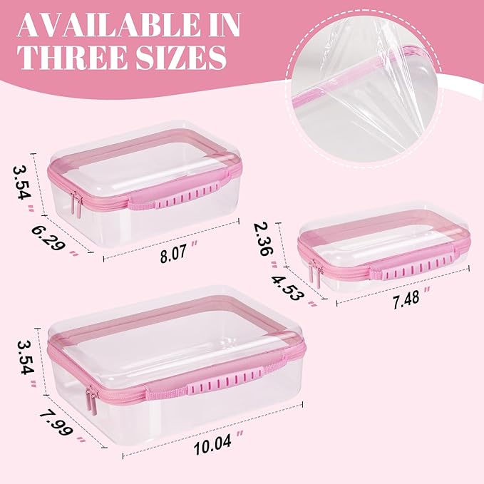 Bottom-Deepened-3 Pack Clear Hard Shell Zipper Case L+M+SPortable Zipper Bags Waterproof Cosmetics BagsOrganizer Pouch For SnacksToyDiapersTravelPink