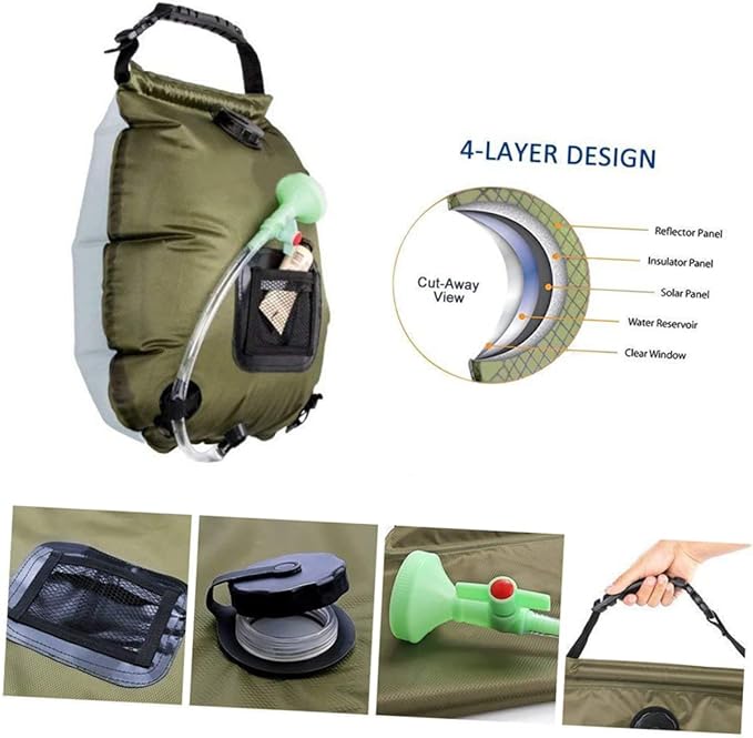 UPKOCH Portable Camping Shower Bag Solar Water Storage with Shower Nozzle for Outdoor Activities for Hiking Beach Fishing and Picnics Olive Green