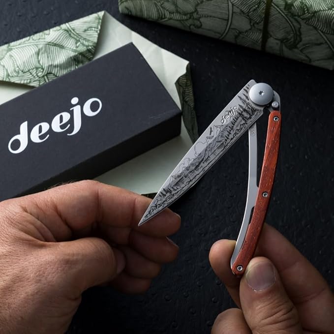 deejo - 37G Folding Pocket Knife with Belt Clip - Mountain Design 3.7-Inch Stainless Steel Blade Coral Wood Handle - Lightweight Everyday Carry for Home Work and Outdoor Use