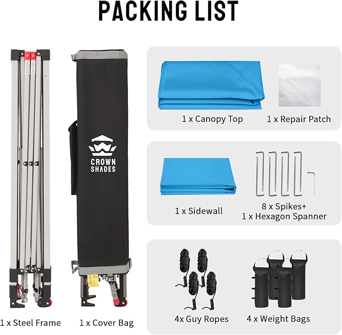CROWN SHADES 8x8 Pop Up Canopy with 1 Side Wall - Beach Tent with One Push Setup - Outdoor Sun Shade for Events Parties Camping - Gazebo with STO-N-Go Cover Bag (Sky Blue)