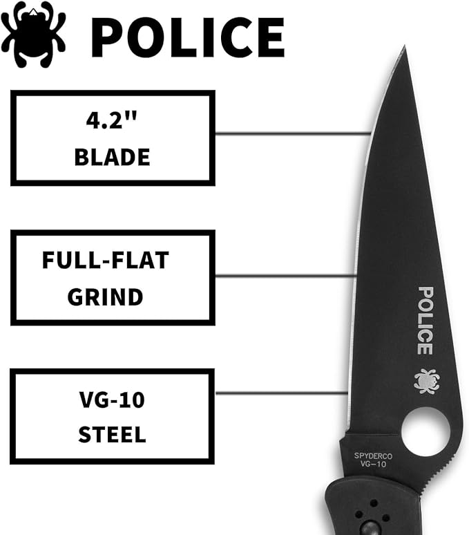 Spyderco Police Model Folding Pocket Knife with 4.2 VG-10 Steel Blade and TiCN Stainless Steel Handle - EDC Knife for Men and Women Perfect for Hunting Tactical Camping - PlainEdge - C07BKP