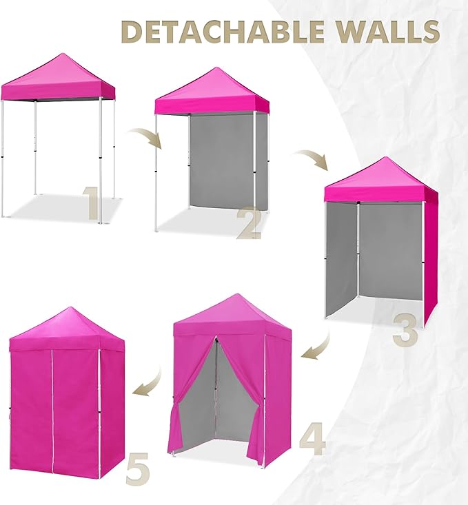 EAGLE PEAK 5x5 Instant Canopy with 4-Side Wall Panels Small Pop up Portable Canopy Tent with Carry Bag Light Weight Sun Shelter for Sports Camping and Beach Pink