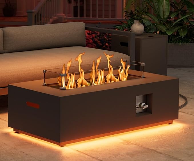2-Piece 42 LED Rectangular Propane Fire Pit for Outside Patio with Hidden Tank Table 50000 BTU Fireplaces with Glass Wind Guard Lid Glass Rocks Cover(Black w/Warm Light)