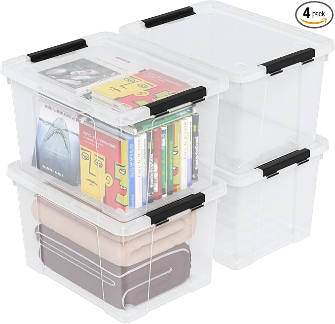 50 Quart Clear Latching Storage Box Bins 4 Packs Large Plastic Storage Boxes with Wheels