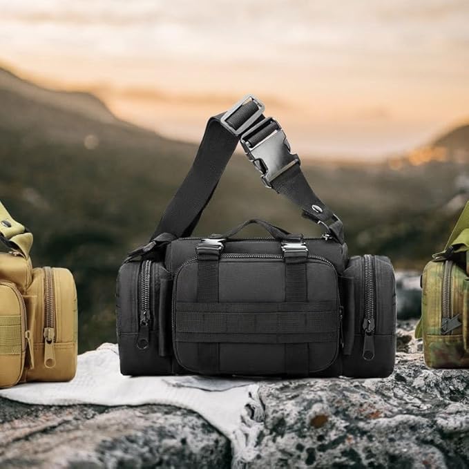 Multifunctional Outdoor Tactical Fanny Pack Waterproof 3P Duffel Waist Bag with Shoulder Strape MOLLE System Camera Bag Chest Pouch (Black)