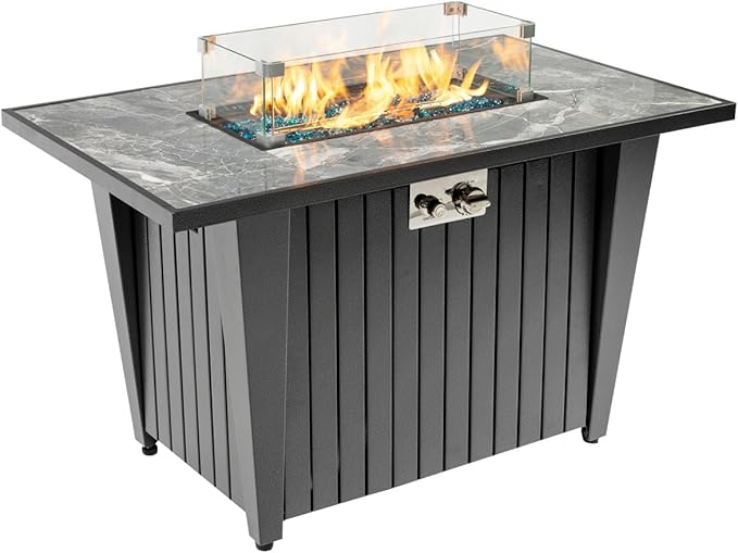 42'' Propane Fire Pit Table Marble Tile Ceramic Tabletop with Glass Wind Guard 50000 BTU Fire Table Inclined Leg and Art Powder Design Blue Glass Rocks Including Lid&ampCover