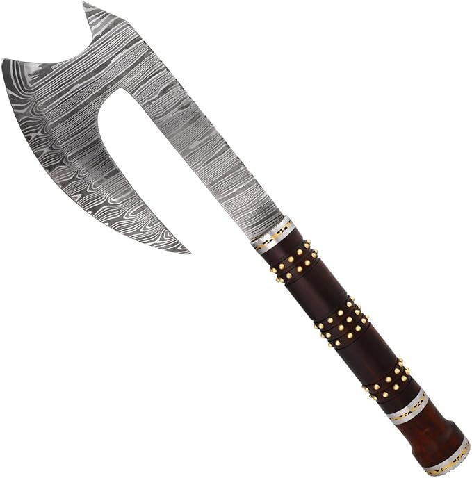 Armory Replicas™ Far Sight Full Tang Damascus Steel Bearded Axe Sheesham Wood Handle Brass Rivets Genuine Leather Sheath