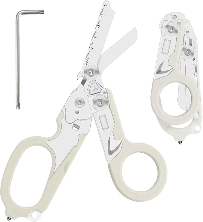 6 in 1 trauma shears folding emergency shear Outdoor Camping Tools Seat Belt Cutter Oxygen Cylinder Wrench Complimentary Adjustable Wrench (Luminous Silver)