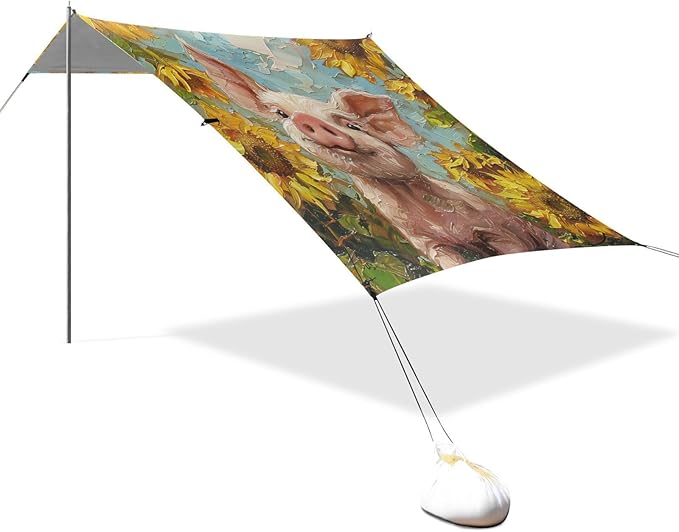 ALAZA Funny Pig Piglet Sunflower Summer Beach Tent Sun Shelter Portable Canopy Sunshade for Outdoor Camping Picnics Backyard Fun 10x9 ft