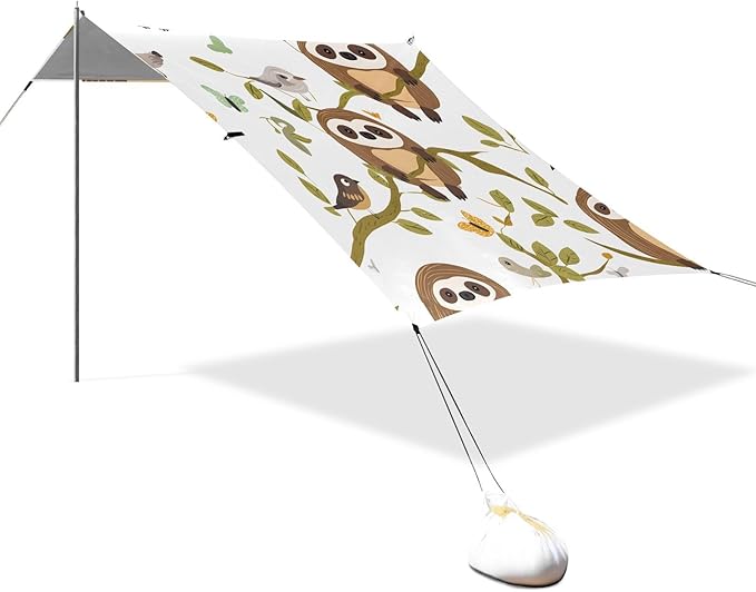 ALAZA Sloth Branch Bird Pattern Beach Tent Sun Shelter Portable Canopy Sunshade for Outdoor Camping Picnics Backyard Fun 10x9 ft