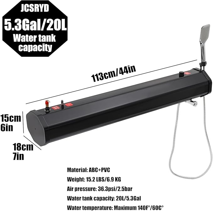 5/5.3/8 Gallon Pressurized Water Tank for Camping Shower Roof Rack Solar Camping Shower 140F° Water Storage for Trucks &amp Off Road Vehicles