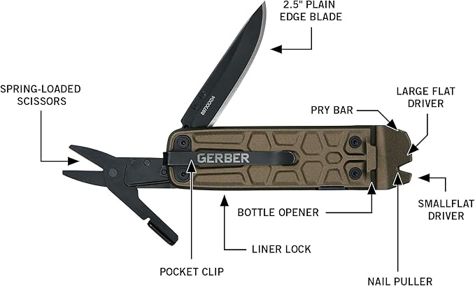 Gerber Gear Lockdown Slim Pry 7-in-1 Keychain Multitool Compact EDC Mini Pocket Knife with Pry Bar Burnt Bronze