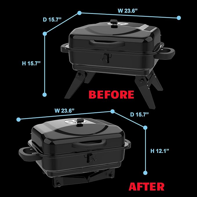 BBQCuker Portable Charcoal Grill with Warming Rack Small Tabletop Barbecue Grill Foldable Legs Adjustable Vent Total 343 Sq. In.Cooking Space Outdoor BBQ Grill for Camping and Picnics (Black)