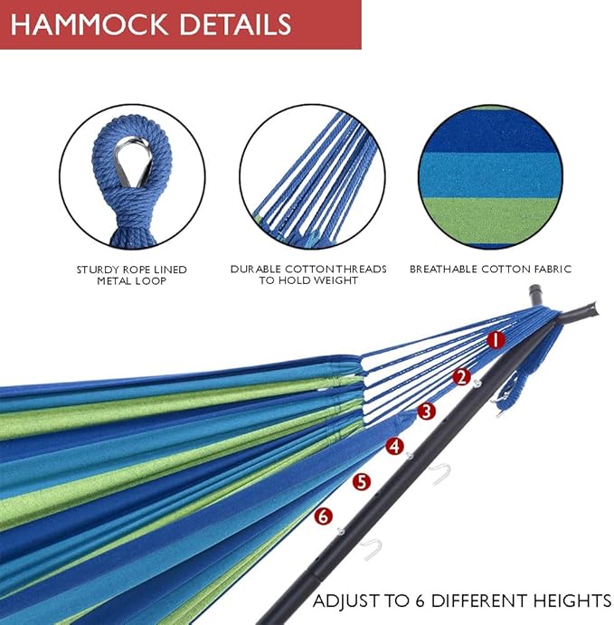 Double Hammock Two Person Adjustable Hammock Bed with Space Saving Steel Stand Includes Portable Carrying Case Easy Set Up