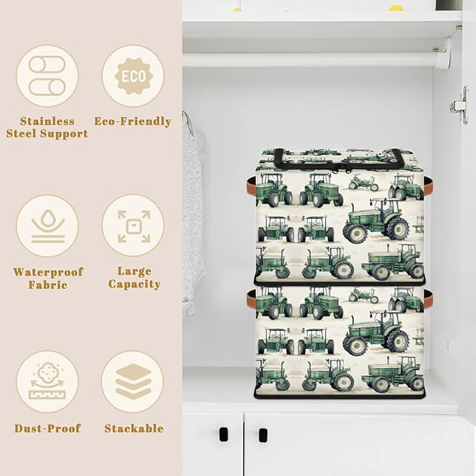 Tractor Truck Storage Bins with Zipper Lid Collapsible Fabric Storage Basket with Leather Handles Closet Shelf Cloth Organizer Basket for Nursery Bedroom Clothes Toy