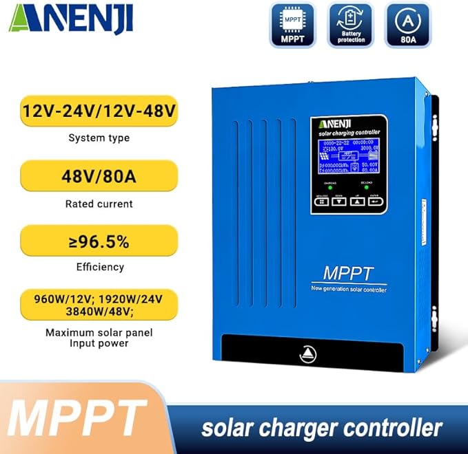 ANENJ MPPT 80A Solar Charge Controller 12V 24V 48V Auto Max 150V Inputup to 7680W Solar Panel 3-Stage Charging for Lead Acid/Gel/Lithium Battery High Efficiency 96.5% Home Off-Grid System