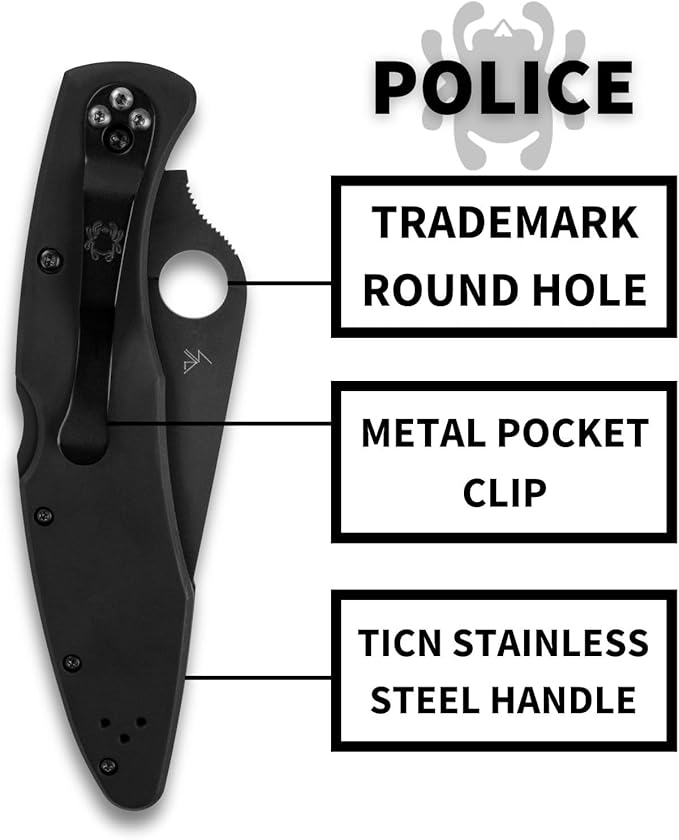 Spyderco Police Model Folding Pocket Knife with 4.2 VG-10 Steel Blade and TiCN Stainless Steel Handle - EDC Knife for Men and Women Perfect for Hunting Tactical Camping - PlainEdge - C07BKP