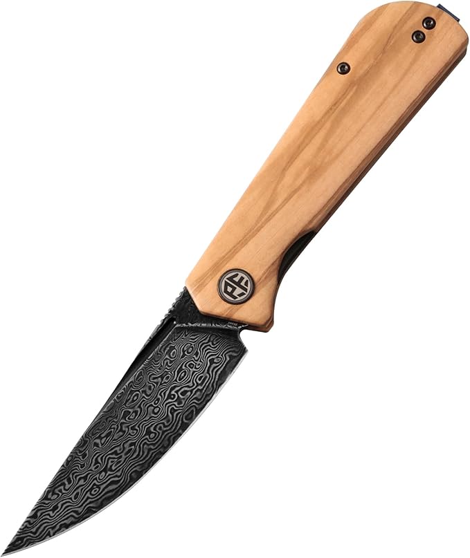 Petrified fish Pocket Knife PFP07 Viking 3.62 Damascus Steel Blade 3.95oz Olivewood Handle Front Flipper Liner lock Folding knife (Olivewood &amp Damascus Steel)