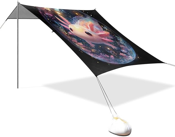 ALAZA Cute Axolotl Salamander Beach Tent Sun Shelter UPF50+ Protection Beach Shade Canopy w/ 4 Sandbags for Outdoor Camping Fishing Backyard Fun Picnic 10x9 ft