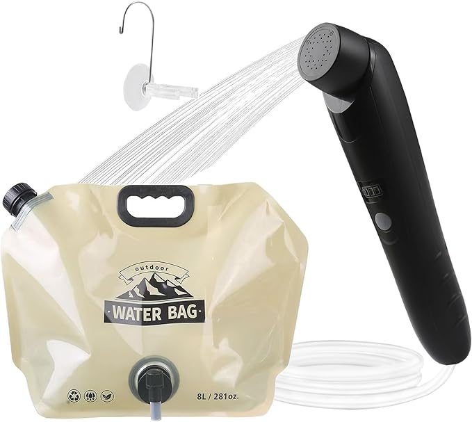 Portable Outdoor Shower Handheld Electric Shower+8L Water Bag IPX6 Waterproof USB Charging Compact and Lightweight Suitable for Outdoor Camping Beach Shower Hiking pet Bathroom