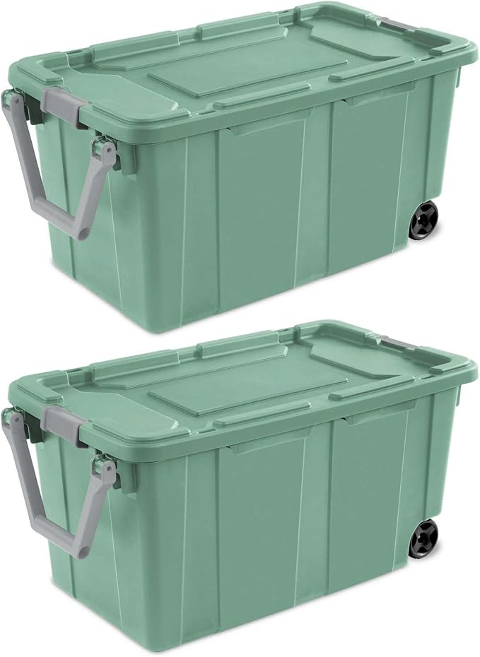 40 Gallon Wheeled Industrial Tote Rugged Plastic Storage Bin Latch Lid Light Green 2 Count