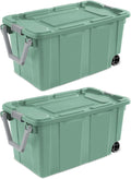 40 Gallon Wheeled Industrial Tote Rugged Plastic Storage Bin Latch Lid Light Green 2 Count