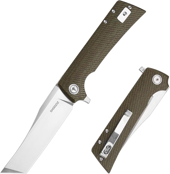 XUN112-GMS Folding KnifeMicarta with Clip3.55 Inch D2 Steel Satin Tanto Plain Edge BladeEDC with Flipper OpenEveryday Carry Pocket Knife for Men/Women