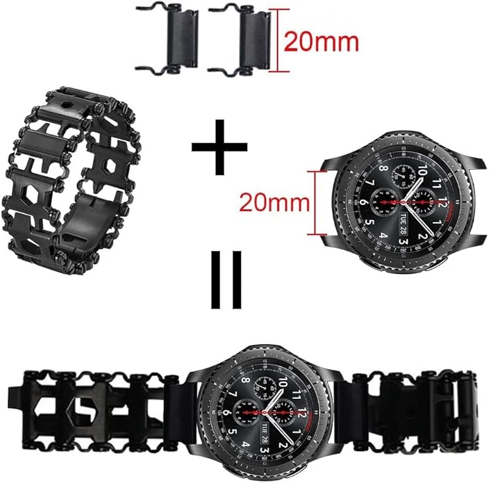 Stainless Tool Bracelet for Men Compatible for LEATHERMAN TREAD and Watch Band 29 in 1 Survival Hiking Camping Travel Friendly Multitools Wearable Bracelet 20mm connector（Black）
