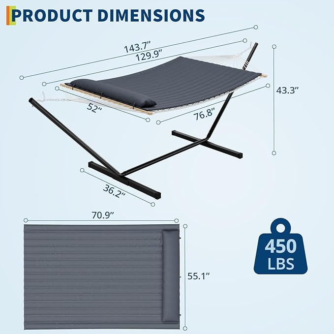 Double Hammock with Stand for 2 Adults - Heavy Duty 475 Lbs Capacity - Portable Hammock Set w/Breathable Cotton Rope &amp Quilted Pad - Backyard Camping Indoor or Outdoor Use (Black)